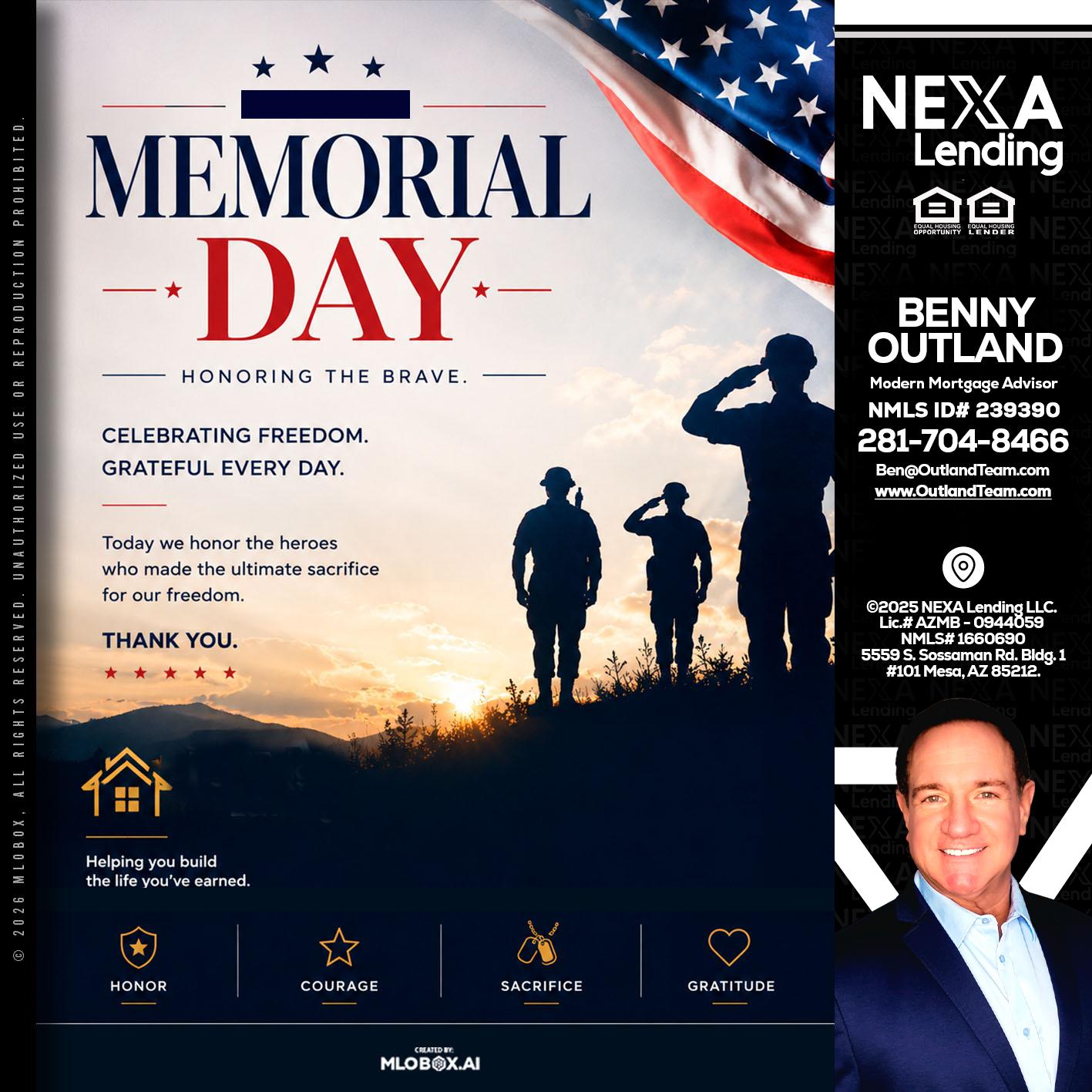 MEMORIAL DAY - Benny Outland -Modern Mortgage Advisor