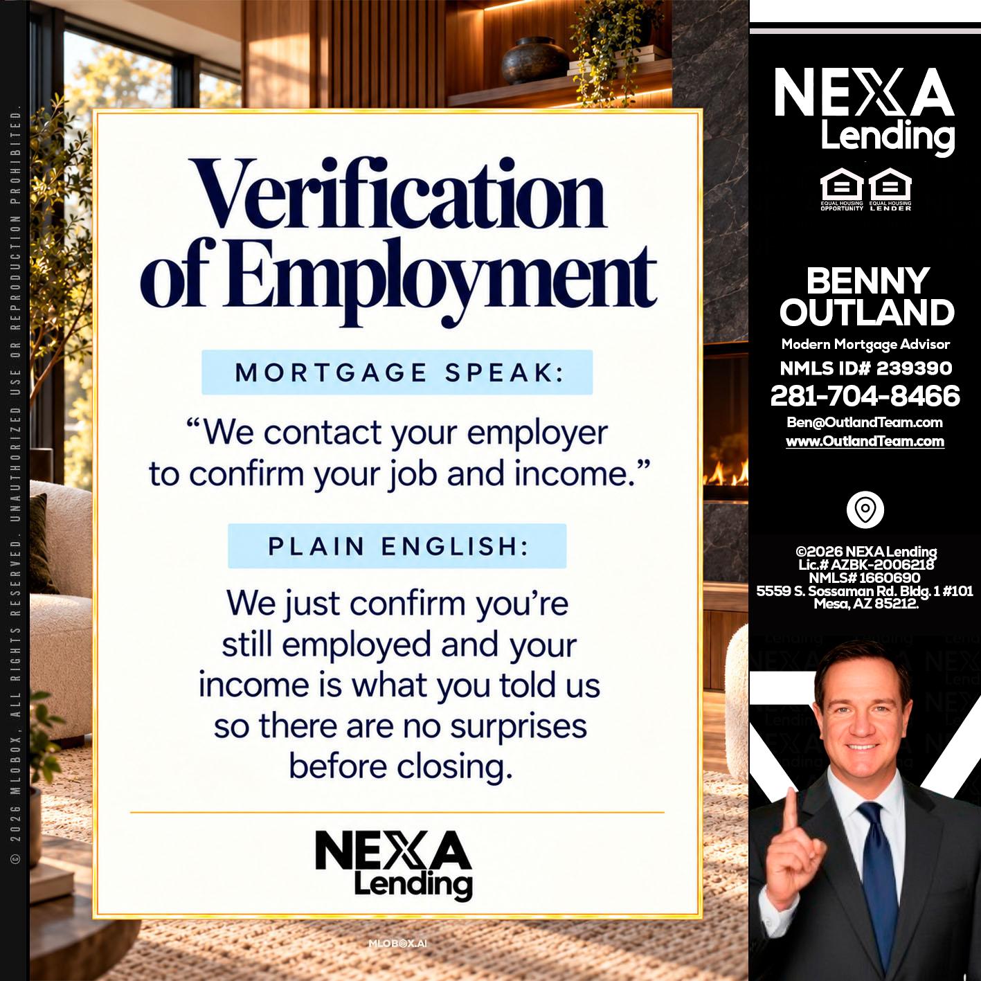 VERIFICATION OF EMPLOYMENT - Benny Outland -Modern Mortgage Advisor